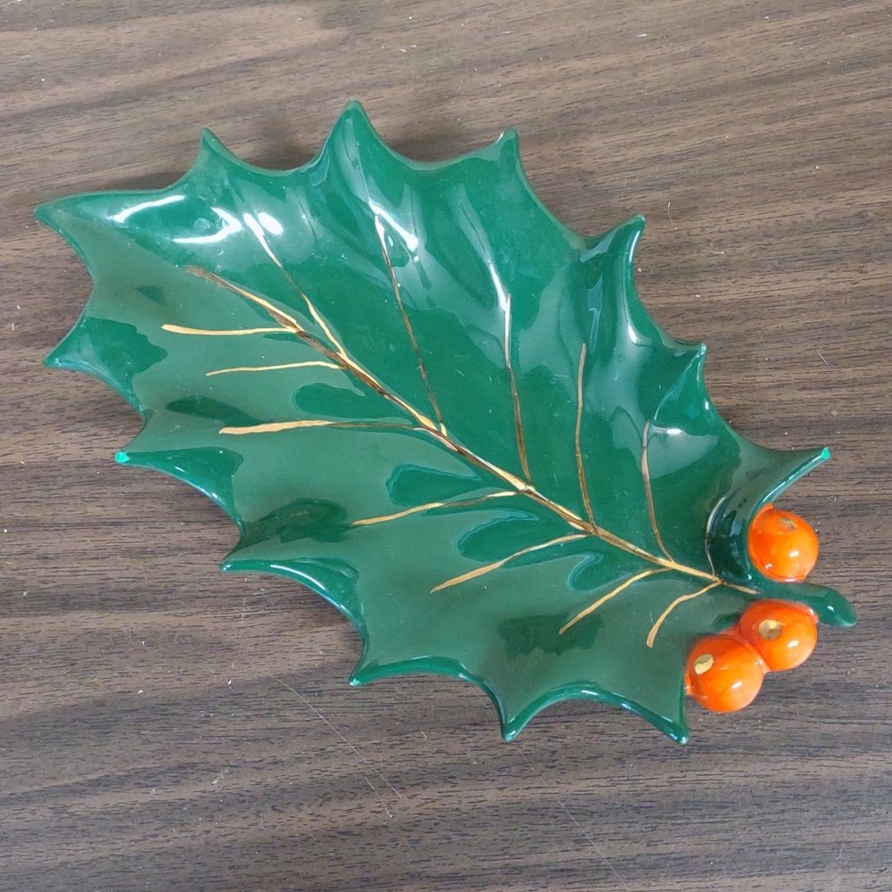VTG Holly Berry Green Candy Dish, Relish Tray, Christmas, Handmade 10”